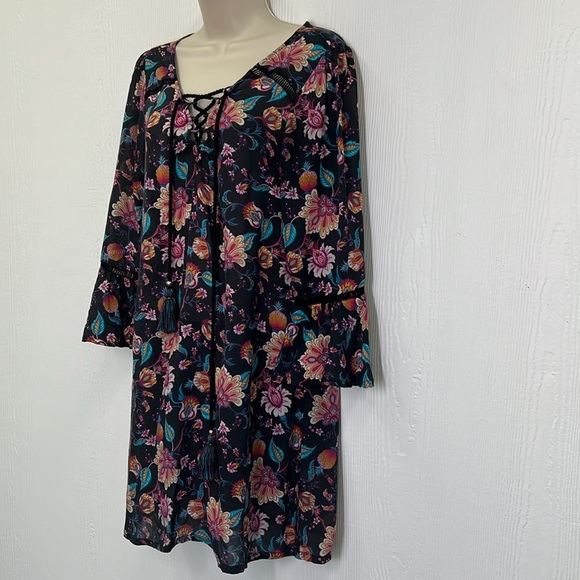 Nanette Lepore - Bright Floral Viscose Lace Up Long Sleeve Mini Dress Size Small - Picture 8 of 12